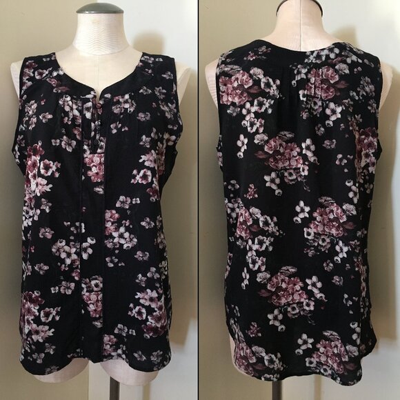 [DH3] Black Floral Sleeveless Blouse | M | Good - Picture 1 of 9